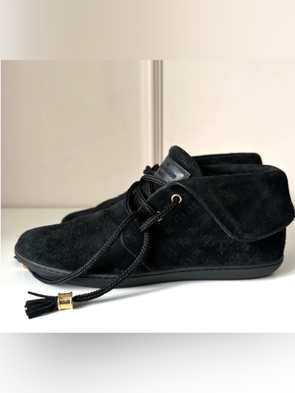 Louis Vuitton women’s Black Suede Fur-Trim Lace-Up  Moccasins/ boots